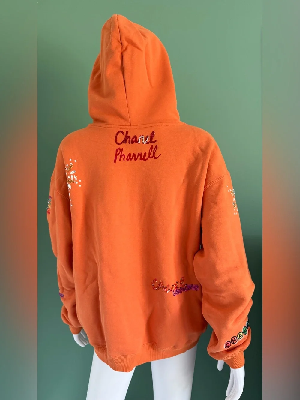 CHANEL Pharrell Orange Embellished Logo Hoodie Sweatshirt